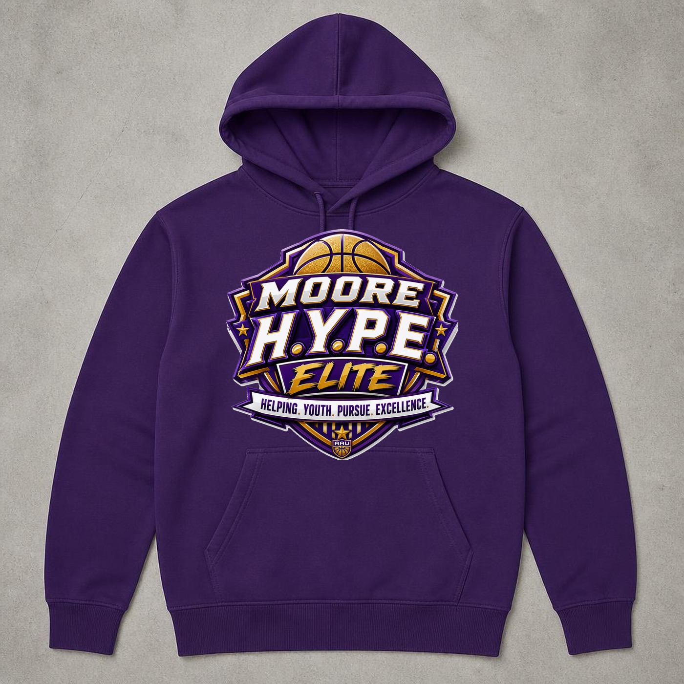 Purple Moore H.Y.P.E. Elite hoodie with the crest on the chest