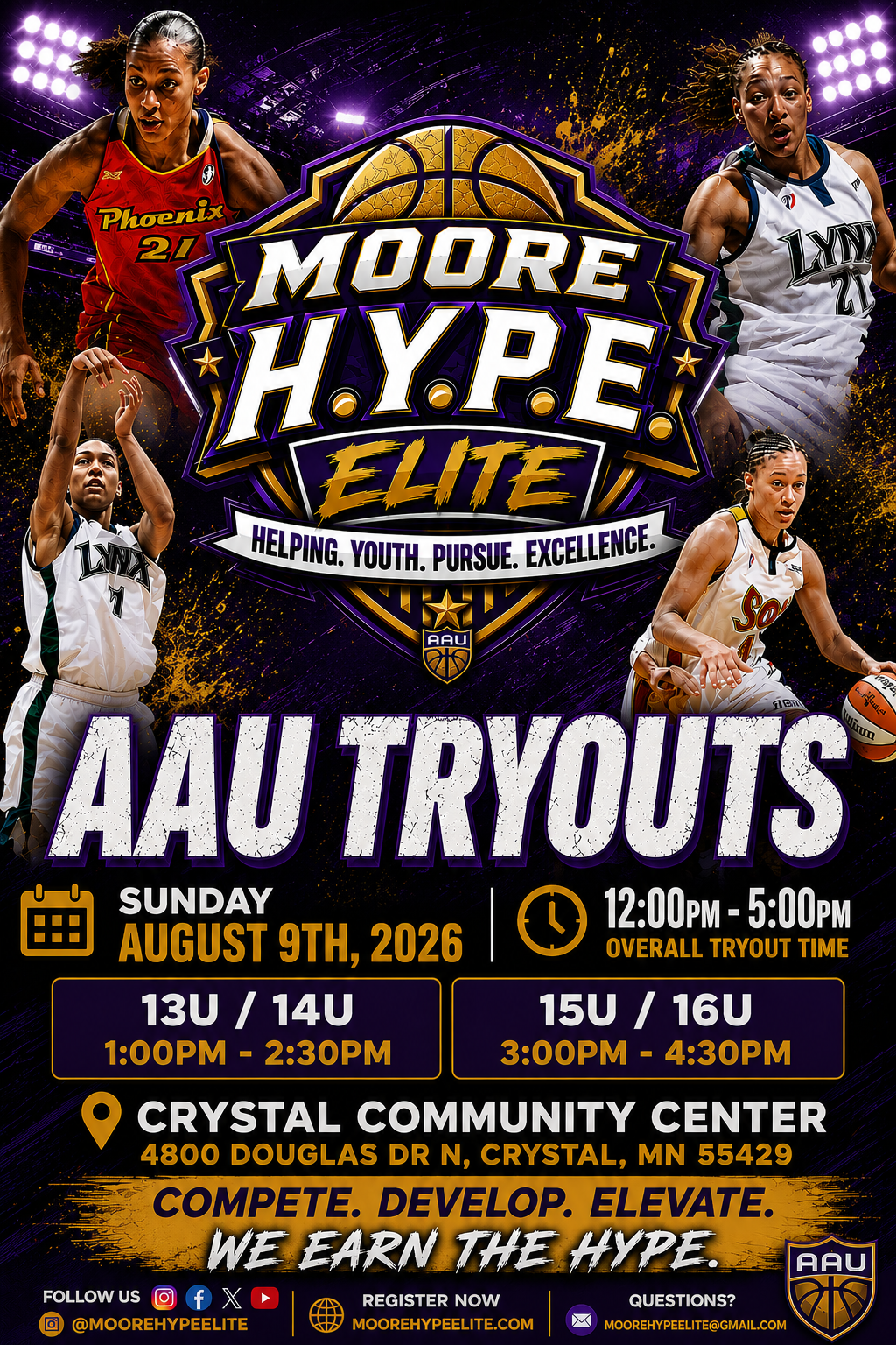 Moore H.Y.P.E. Elite AAU tryouts flyer — Sunday, August 9, 2026 at Crystal Community Center