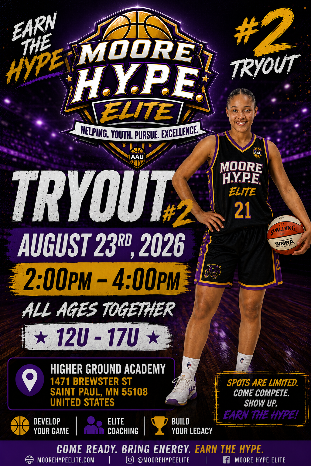 Moore H.Y.P.E. Elite AAU Tryout #2 flyer — Sunday, August 23, 2026 at Higher Ground Academy