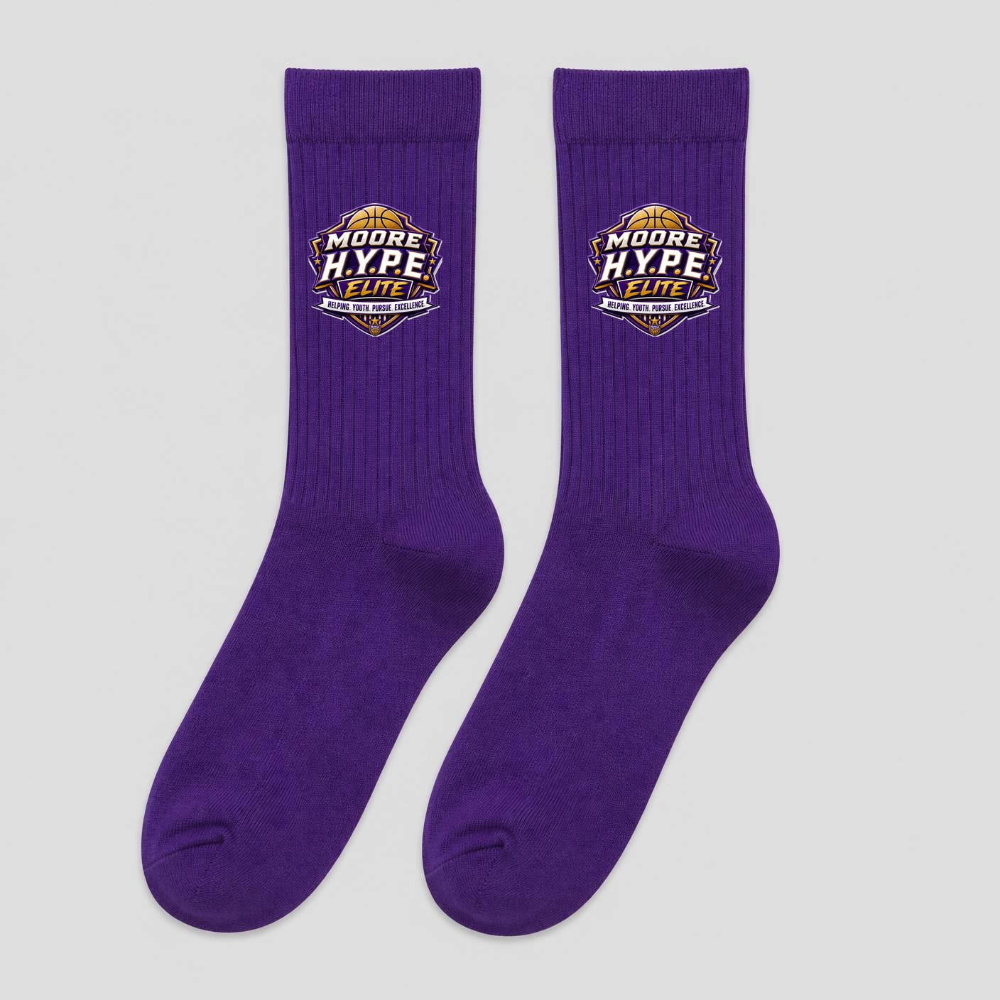 Purple Moore H.Y.P.E. Elite crew socks with the crest